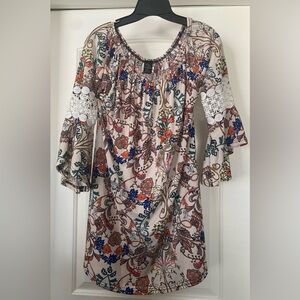 WinWin Cream Floral Off-Shoulder Midi Dress with Blue & Orange Accents